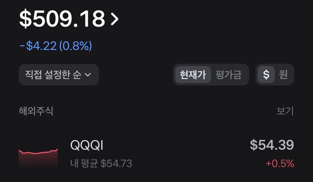 아이 계좌에서 매수한 QQQI의 보유 화면