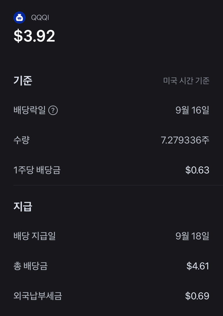 QQQI 첫 분배금 4.61달러와 원천징수 후 지급액 3.92달러가 표시된 계좌 화면